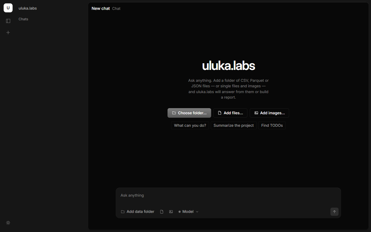 The Uluka desktop app: an empty chat with buttons to choose a folder, add files or add images.